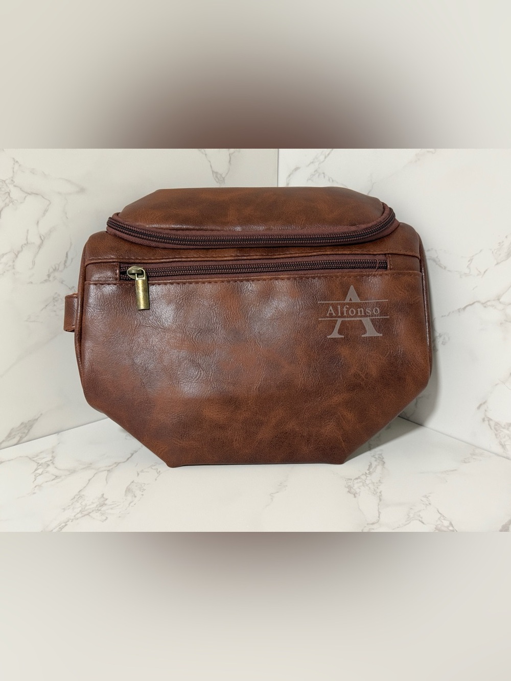Toiletry Bag - Brown Faux Leather - Alfonso Monogram